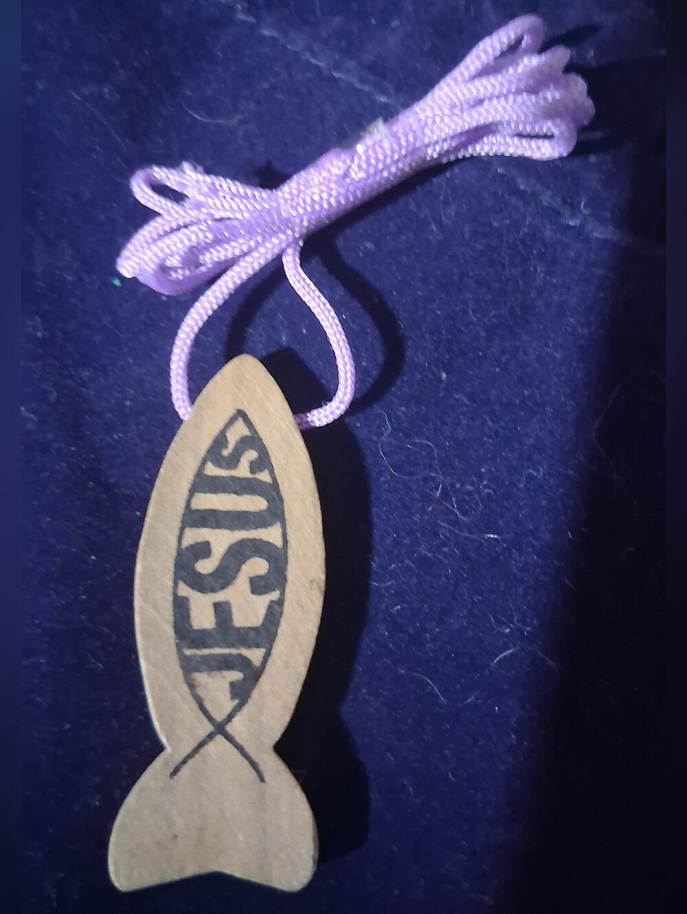 Wooden Jesus Fish Necklace Pendant with Lavender Cord